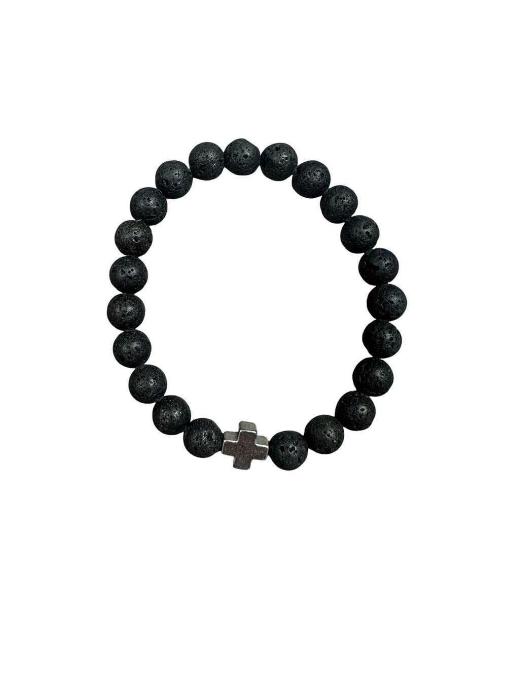 Andrew Christian Silver Cross Black Bead Stretch Bracelet — OS